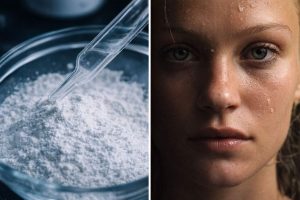 Kreatinpulver i en glasskål bredvid en kvinna med svettig hy.