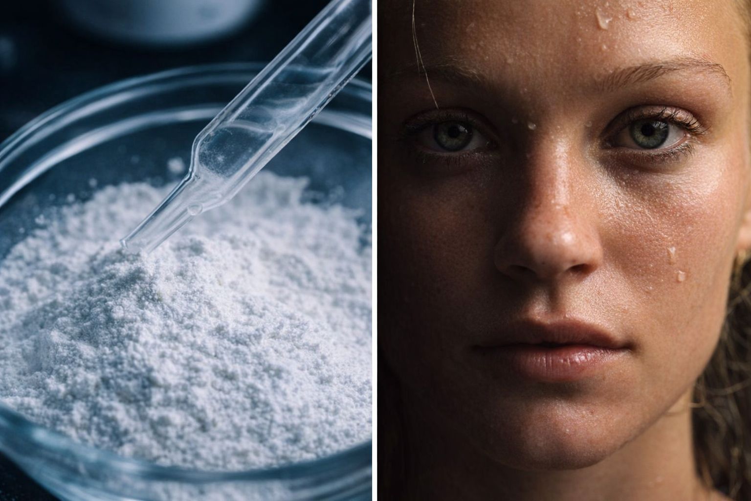 Kreatinpulver i en glasskål bredvid en kvinna med svettig hy.